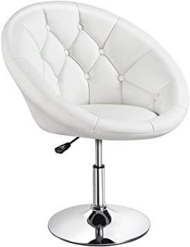 Yaheetech Height Adjustable Modern Round Tufted Back Chair Upholstered Swivel Barrel Chair Vanity Chair Barstool Lounge Pub Bar Capable of 125kgs/276lbs White