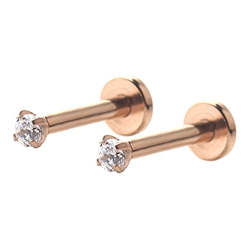 Ruifan Rose Gold Plated Stainless Steel 2mm/3mm/4mm Clear CZ Gem Internally Threaded Labret Monroe Lip Ring Tragus Nail Helix Earring Stud Barbell Piercing Jewelry 16G 8mm 2pcs