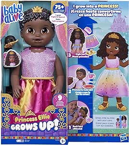 Baby Alive Princess Ellie Grows Up! Black Hair Doll for 3 Year Old Girls and Boys and Up, 18-Inch