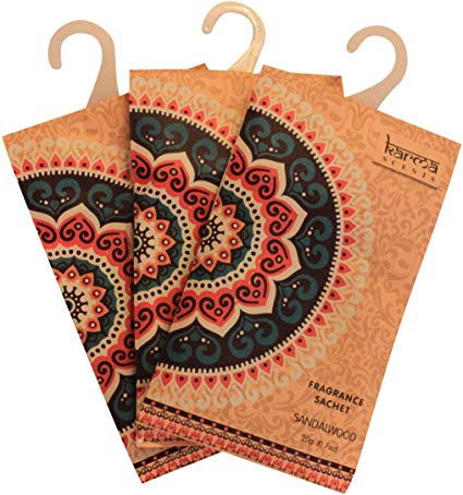 Premium Sandalwood Scented Sachets for Drawers, Closets and Cars, Lovely Fresh fragrance, Lot of 12 Bags, By Karma Scents