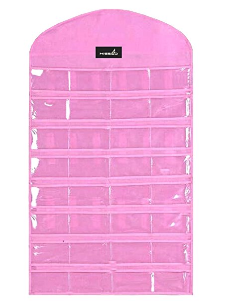 Misslo Pink Jewelry Hanging Non-woven Organizer Holder 32 Pockets 18 Hook and Loops