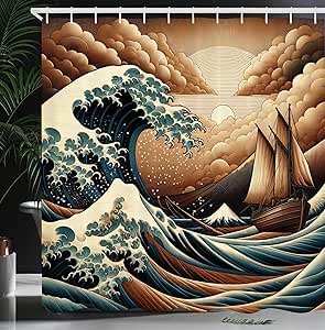 Ambesonne Nautical Shower Curtain, Ethnic Japanese Art Inspired Ocean Waves and Sailboat in Sepia View, Cloth Fabric Bathroom Decor Set with Hooks, 69" W x 70" L, Cinnamon and Petrol Blue