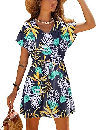 Ekouaer Women's Cover Ups Casual Swimsuit Coverups Flowy Tie Waist Beach Cover Up Dress