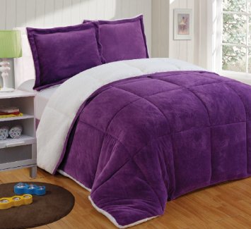 Chezmoi Collection 3-piece Micromink Sherpa Reversible Down Alternative Comforter Set Queen Purple