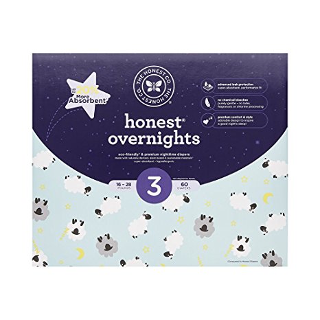 Honest Overnight Baby Diapers, Club Box, Sleepy Sheep, Size 3, 60 Count