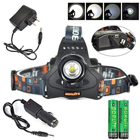 Boruit XML-L2 LED Headlamp Zoomable 5 Modes with USB Output Power Bank Function for Camping, Hiking, Reading, Cycling, Hunting, Running-218650 Rechargeable Batteries AC & Car Charge