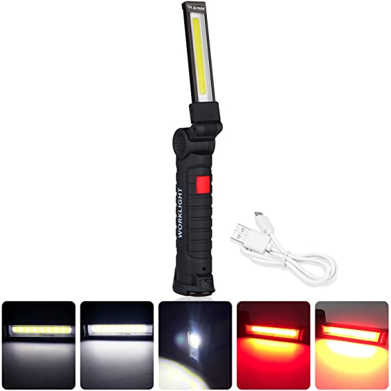 COB flashlight torch usb rechargeable led work light magnetic, underhood work light rechargeable Portable Fold Magnetic Base Hanging Hook 360°Rotation 5 light Modes for Car Repair, outdoor, SOS use