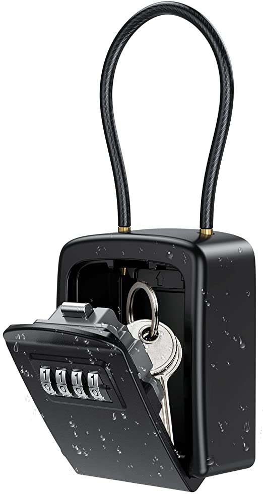 KeeKit Key Lock Box, Key Safe Box with Removable Chain, Resettable Code Key Storage Lock Box Waterproof with 4 Digit Combination, 5 Key Capacity for Home, Warehouse, Indoor & Outdoor - Black