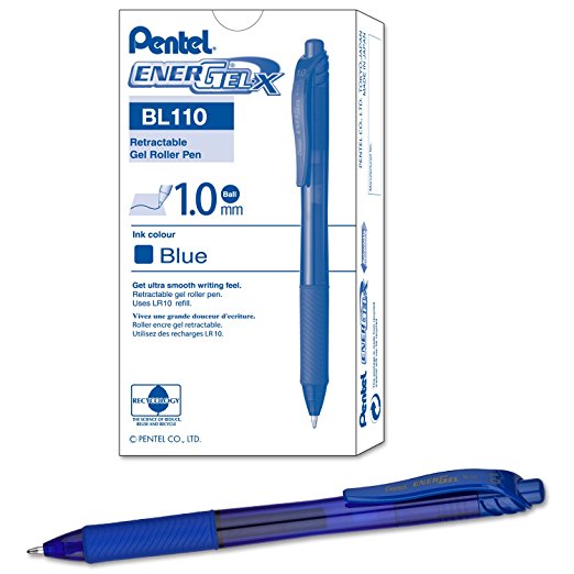 Pentel EnerGel-X Retractable Liquid Gel Pen (1.0mm) Metal Tip, Blue Ink, Box of 12 (BL110-C)