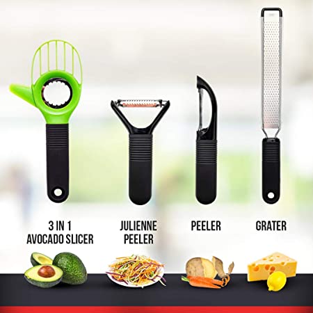 SEIDO Peelers Set Julienne Vegetable With Avocado Slicer, Lemon And Cheese Grater, and 2 Peeling Tools, Kitchen Accessories for Garnishes and Toppings, Stainless Steel