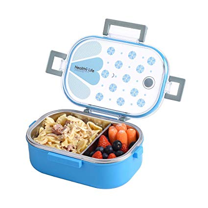 Insulated Lunch Box Containers 2 Compartments with Removable Divider, Leakproof Portion Control Stainless Steel Bento Boxes for Adults, Kids, School, Office, BPA Free (Rectangle, Blue)