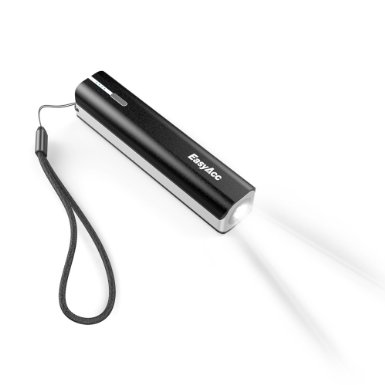 EasyAcc Ubright 3350mAh Power Bank 2.1A Output Portable Charger Lipstick External Battery Pack with Bright Flashlight for Smartphones -Black Silver