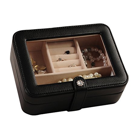 Mele & Co. Rio Faux Leather Glass Top Jewelry Box, 7-3/8 by 5-7/8 by 2-1/2-Inch, Black