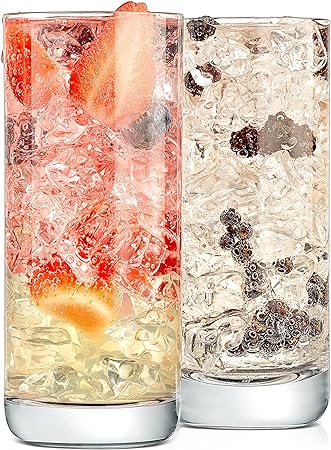 NutriChef 14.2oz Highball Drinking Glasses - Set of 2 Heavy Base Tall Tumbler Clear Glassware for Water, Wine, Beer, Liquor, Gin, Cocktail, Whiskey, Juice, Iced Coffee, Mixed Drinks, Dishwasher Safe