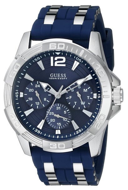GUESS Men's U0366G2 Iconic Multi-Function Silver-Tone Watch with Blue Silicone Strap