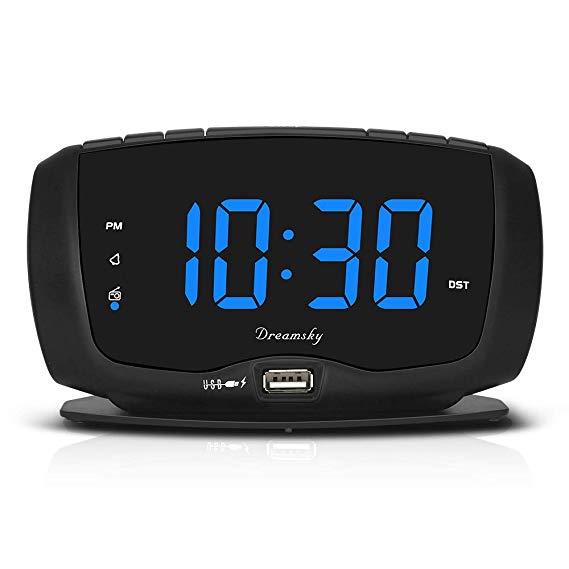 DreamSky Digital Alarm Clock Radio FM Radio, 1.4 Inches Large Blue LED Number Display, Dual USB Ports for Charging, 3.5 mm Headphone Jack, Snooze, DST, Sleep Timer