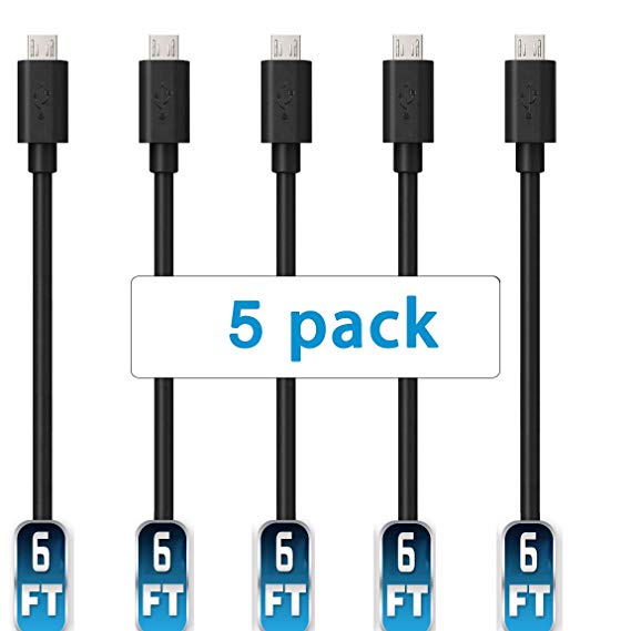Mopower Micro USB Cable,5 Pcs 6FT High Speed USB 2.0 A Male to Micro B Charge and Sync Cables for Samsung,LG,BlackBerry and Motorola Smartphones & Tablets Black (5-Pack)