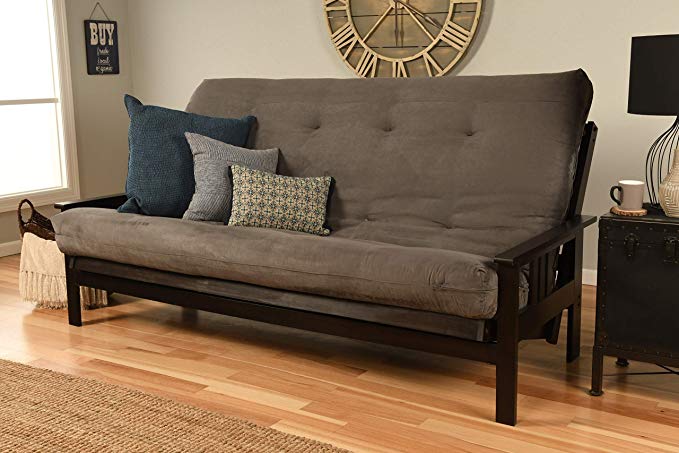Jerry Sales Queen or Full Size Montreal Espresso Futon Frame w/ 8 Inch Innerspring Mattress Sofa Bed Wood Futons (Grey Mattress and Frame Only (Queen Size))