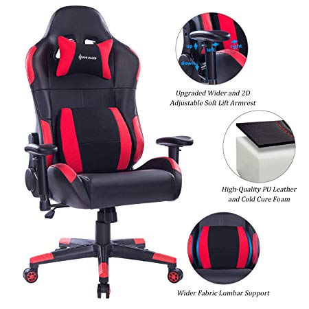 VON RACER Multifunctional Gaming Chair - Elegant Reclining Computer Desk Chair with Soft Memory Foam Seat Cushion - Ergonomic Office Chair with Removable Headrest Lumbar Support Pillow (Red)