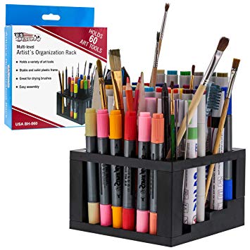 U.S. Art Supply 60 Hole Multi-Level Plastic Organization Rack Pencil, Brush & Supply Holder - Desk Stand Holding Rack for Pens, Paint Brushes, Colored Pencils, Markers