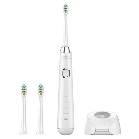 Electric Toothbrush, USB Rechargeable Sonic Toothbrush, Adult Electric Toothbrush with Holder and 2 Replacement Heads, (4 Modes with Automatic Timer, IPX7 Waterproof, Fast Charging), White