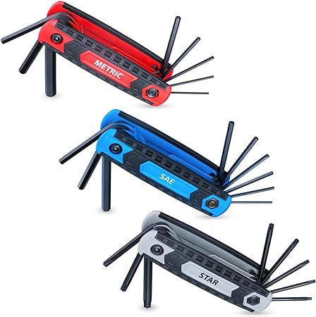 25-Piece Complete Folding Hex Key Wrench Set, Metric 1.5mm - 8mm, SAE 5/64” - 1/4”, Star T9 - T40 | Cr-V Steel, Precise and Chamfered Tips | 3 Pack All-Purpose Portable and Compact Allen Wrench Tools