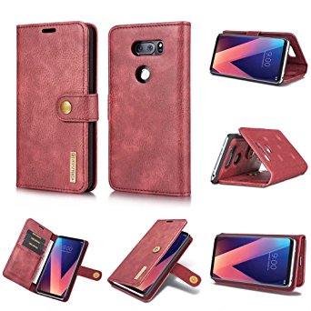 LG V30 Case,DG.MING Magnetic Detachable 2 in 1 Vintage Genuine Cowhide Leather Folio Flip Wallet Cases Removable Retro 3 Card Slots Phone Back Cover for LG V30 (Red)
