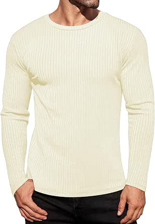 Ekouaer Men's Long Sleeve Shirts Ribbed Pullover Sweater Sim Fit Thermal Tops Crew Neck Stretchy Undershirts S-XXL