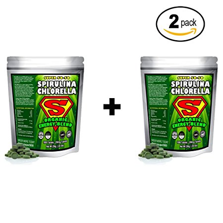 Spirulina Chlorella Super 50-50 Energy-blend (Super-pack 1,000 Tablets). Raw Organic Gluten-free non-GMO Green Superfood. High protein, chlorophyll & nucleic acids. No preservatives. (2 Pack)