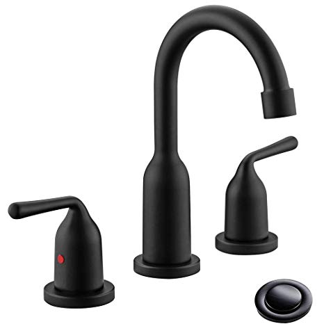 PHIESTINA Matte Black 2-Handle 8 Inch 3 Hole Widespread Bathroom Faucets, With Valve and Metal Pop Up Drain