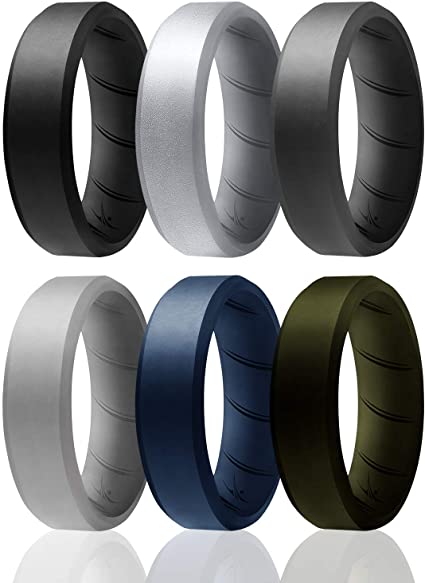 ROQ Silicone Ring for Men - Breathable Silicone Rings with Comfort Fit Air Flow Design - 8mm Beveled - Comes in 1/4/6 Packs - Mens Silicone Rubber Medical Grade Bands - Safe Wedding Rings for Men