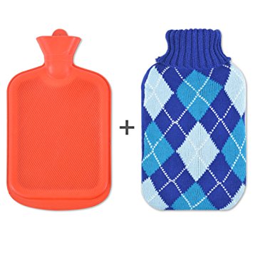 PrimaCare Sweater Hot Water Bottle with Argyle Knit Cover - Back Pain Relief & Cold Feet Syndrome – Warm Up To 10 Hours (2 Liter) (Blue Argyle)