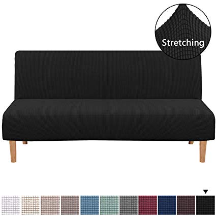 H.VERSAILTEX Armless Futon Cover Stretch Sofa Bed Slipcover Protector Elastic Feature Rich Textured Lycra High Spandex Small Checks Jacquard Fabric Sofa Shield Futon Cover, Machine Washable, Black