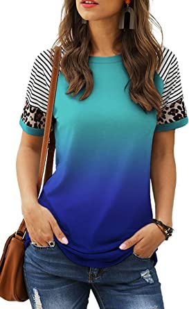 Sieanear Womens T Shirts Short Sleeve Striped Color Block Leopard Casual Tops