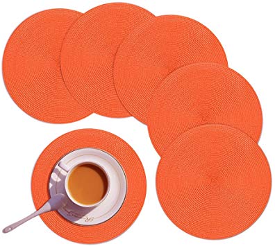 Homcomoda Round Placemats Set of 6 Heat Resistant Round Braided Woven Place Mats for Dining/Kitchen Table Orange Table Mats 15"