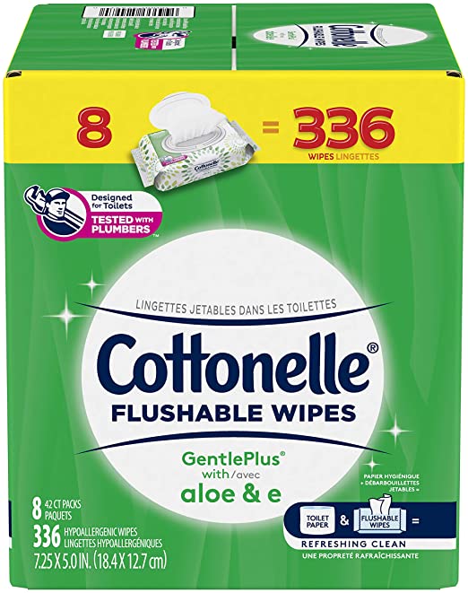 Flushable Wet Wipes, Cottonelle GentlePlus, Biodegradable & Septic Safe, 8 Flip-Top Packs of 42 (336 Wipes)