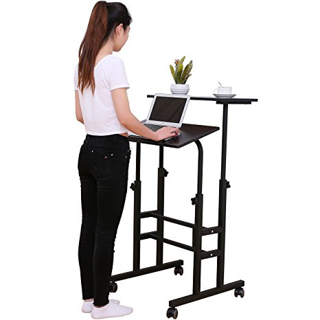 SDADI Mobile Stand Up Desk Height Adjustable Home Office Desk With Standing And Seating 2 Modes With Upgraded Simple Front Panel Holding Structure And 2 Inches Carpet Wheels 3.0 Edition Black