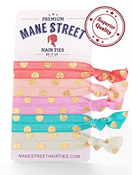 MANE STREET HAIR TIES (PASTEL/GOLD DOTS) - Made From The Best Fold Over Elastic Material On The Market - No Tug Knotted Elastic Ribbon - Prevents Ponytail Holder Headache - Best Seller
