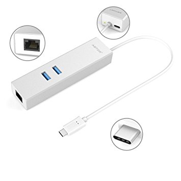 ABTOR USB Type C to 2-Port USB 3.0 Hub with Ethernet Adapter and Type-C Charging Port for Apple new MacBook 2016, ChromeBook Pixel and More (Silver Aluminum)