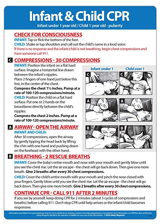 Infant and Child CPR Instructions Safety Magnet - Baby CPR Refrigerator Magnet - Child and Infant First Aid Aid Sign - 5 inches x 7 inches, Jumbo Magnet