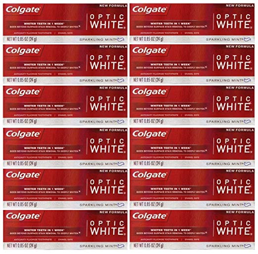 Colgate Optic White Teeth Whitening Toothpaste, Sparkling White, Sparkling Mint, Travel Size 0.85 Ounces - Pack of 12