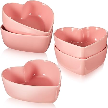 4 Pcs Heart Shaped Bowls 5.5" L x 5.7" W x 2" H Valentine's Day Ceramic Bowls Dessert Bowls Salad Bowl Kitchenware Cooking Gifts for Serving Dipping Seasoning Wedding Anniversary(Pink)