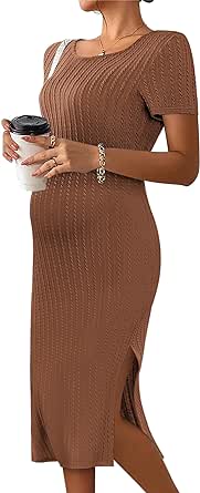 Ekouaer Maternity Dress Rib Knit Short Sleeve Bodycon Dresses Casual Stretchy Pregnancy Clothes S-XXL