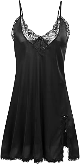 Ekouaer Women's Satin Lace Trim Slip Chemise Nightgown