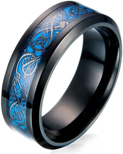 JAJAFOOK Men's 8mm Black Carbon Fiber Celtic Dragon Blue Luminous Effect Ring Band Glow in The Dark