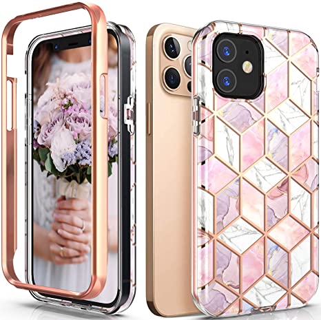 Hasaky for iPhone 12 Pro Case,iPhone 12 Case,Dual Layer Hybrid Bumper Cute Marble Design Soft TPU Hard Back Heavy Duty Shockproof Protective Phone Case for iPhone 12 5G 2020 6.1 Inch -Pink/Rose Gold.