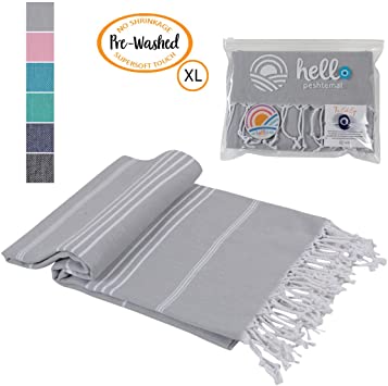 Hello Peshtemal Turkish Bath Towel, 39” x 71”, Ultra Soft and Super Absorbent Handwoven Cotton, Decorative, Beach, Pool, Gym, Picnic or Travel Use, Quick Dry Fabric, (Grey)