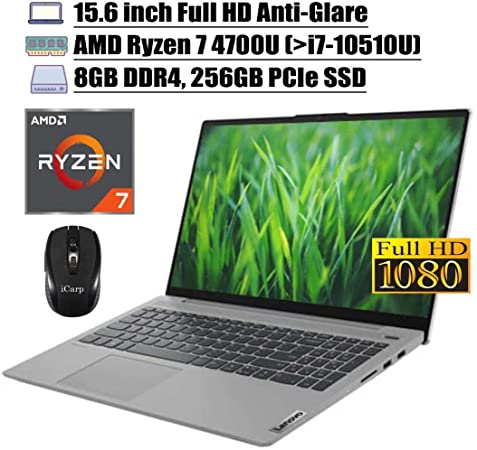 2020 Flagship Lenovo Ideapad 5 15 Laptop 15.6" Full HD AMD 8-Core Ryzen 7 4700U (Beats i7-10510U) 8GB DDR4 256GB PCIe SSD Backlit KB Fingerprint WIFI AX Webcam HDMI USB-C Win 10   iCarp Wireless Mouse