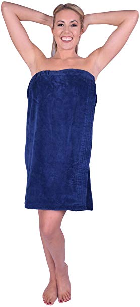 PUFFY COTTON Terry Cotton Shower Spa Wrap, Terry Towel Bath Body Wrap for Women and Men with Adjustable Waist, Wrap Around Towel, Terry Sarong Wrap, Snap Towel (Navy Blue, Velour for Women)