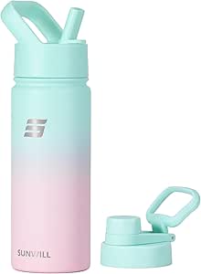 SUNWILL Insulated Water Bottle with Straw, Sports & Travel Water Bottle 18oz Double Walled Stainless Steel, Cup Holder Friendly, Reusable Thermal Wide Mouth Flask, Leak Proof BPA Free